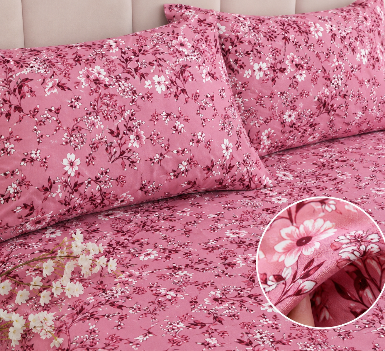 Softlinens Pink Floral Cotton Bedsheet Set