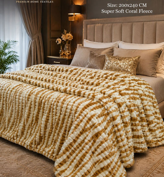 Premium Coral Fleece Blanket – Brown & Cream Stripe