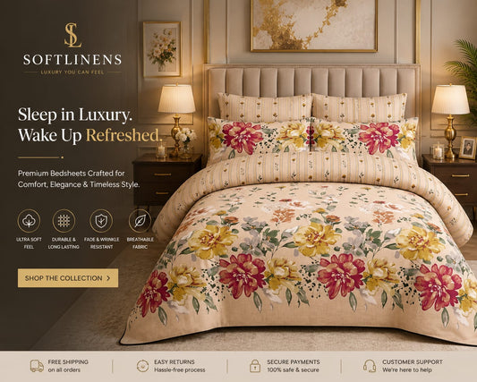 SoftLinens Blossom Elegance Premium Bedsheet Set – Beige Floral Collection