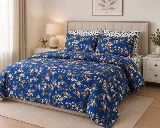 Blue Floral Cotton Bedsheet Set