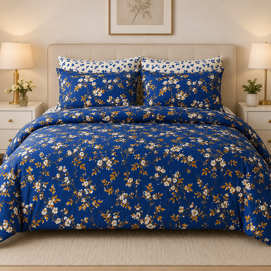 Blue Floral Cotton Bedsheet Set