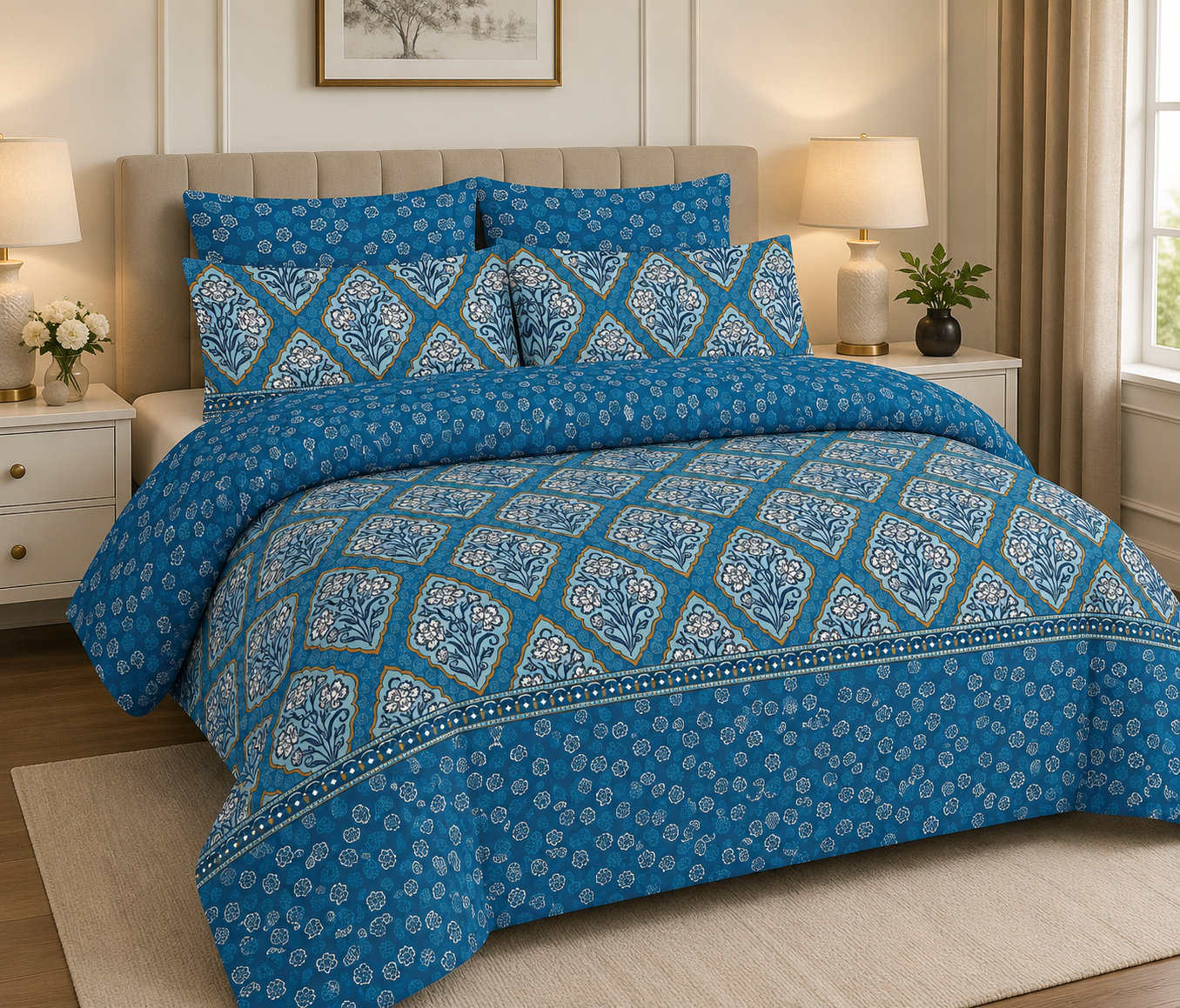 Blue Floral Pure Cotton Bedsheet Set