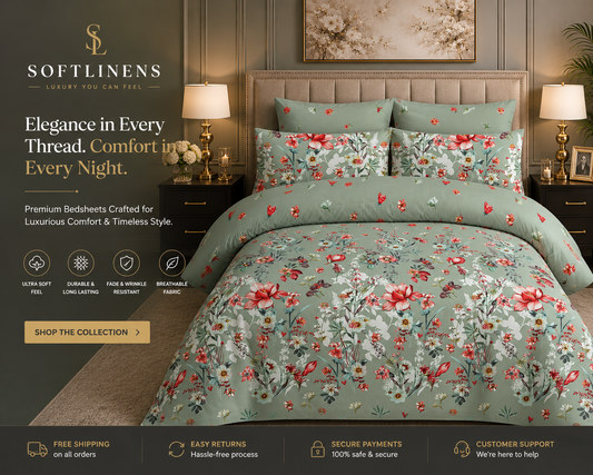 SoftLinens Sage Bloom Cotton Bedsheet Set – Elegant Floral Luxury Collection